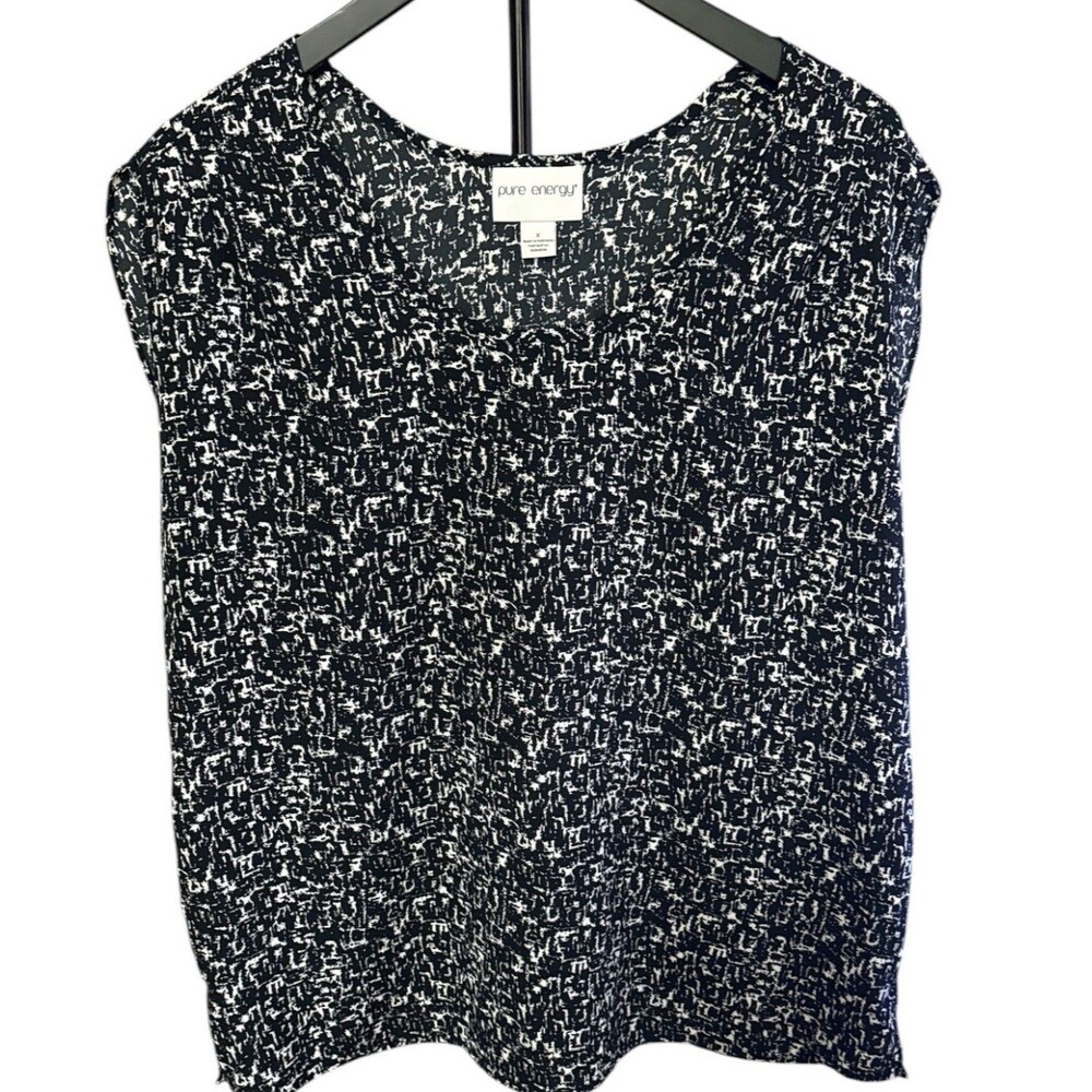 Pure Energy Women's XL Blouse Black White Abstract Geometric Print V-Neck